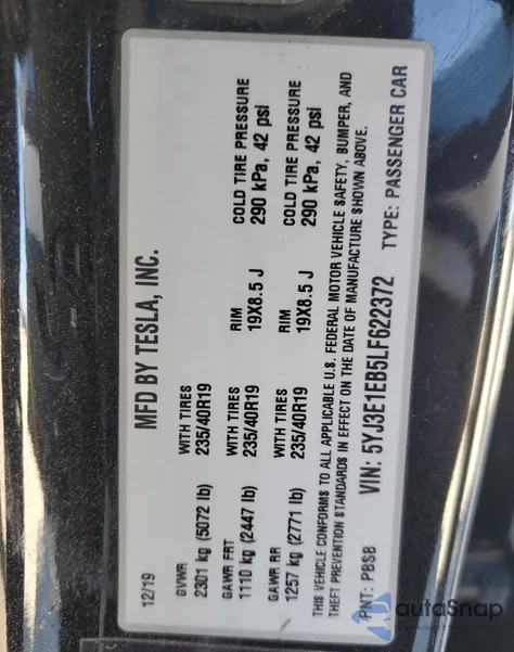 2020 Tesla Model 3 from USA, damaged, VIN 5YJ3E1EB5LF622372